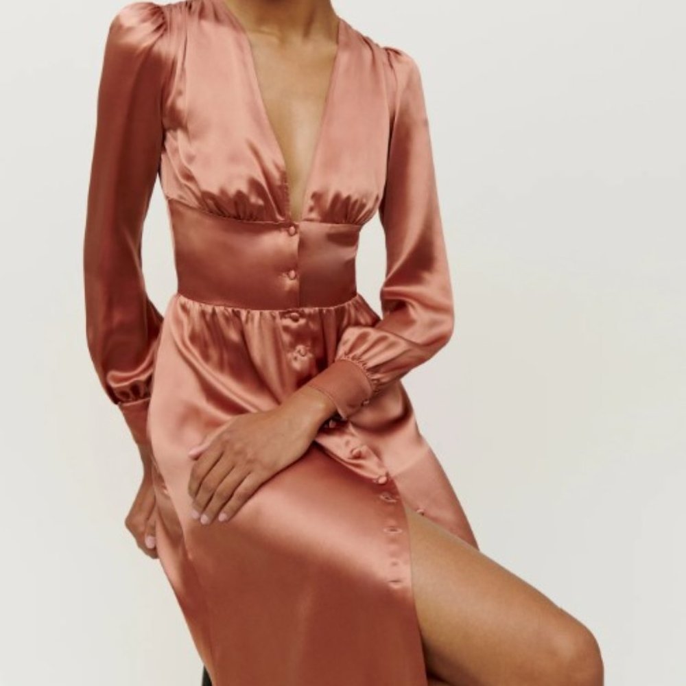 Reformation Satin Nicola Long Sleeve Deep V Dress in Dusty Rose